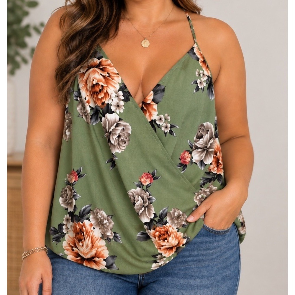 Emery Rose Women Floral V Neck Sleeveless Wrap Front Halter Top Blouse 3XL Green